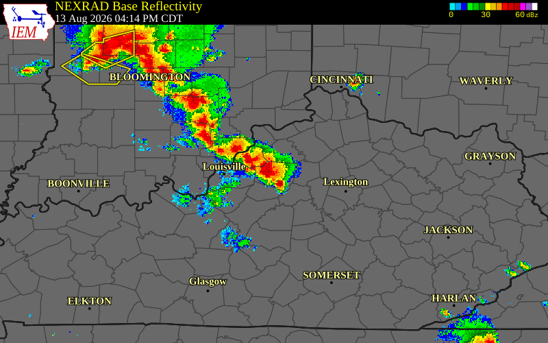 Radar snapshot during the Jul 26, 2026 wind event near 2 S Eminence, Shelby County, Kentucky, with NWS warning polygons