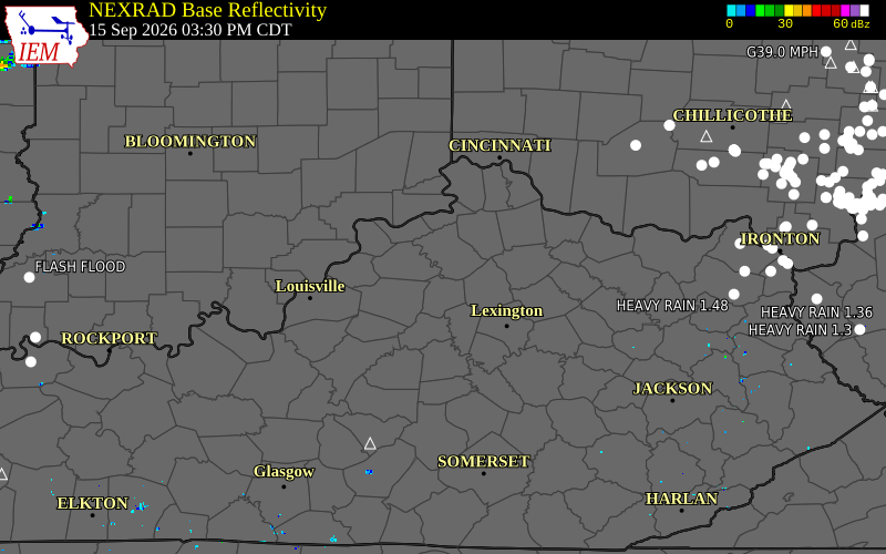 Current NEXRAD radar over Shelby County, Kentucky with recent storm report locations