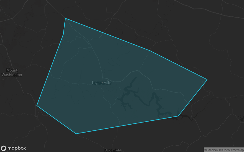 Map of Spencer County, Kentucky showing the county boundary and surrounding cities