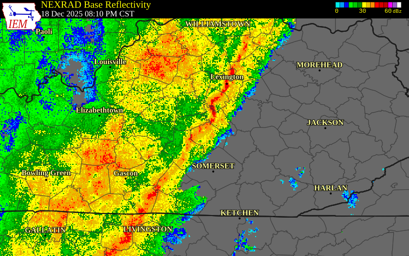 NEXRAD radar during the Thursday, December 18, 2025 storm activity in Spencer County, Kentucky