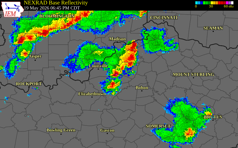 NEXRAD radar during the Tuesday, May 19, 2026 storm activity in Spencer County, Kentucky