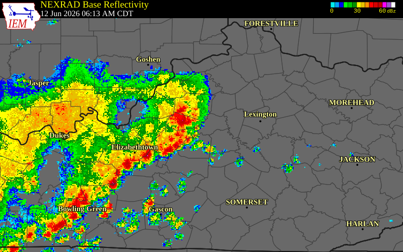 NEXRAD radar during the Friday, June 12, 2026 storm activity in Spencer County, Kentucky
