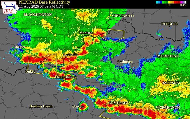 NEXRAD radar during the Tuesday, August 11, 2026 storm activity in Spencer County, Kentucky