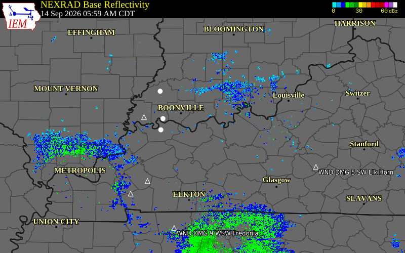 Current NEXRAD radar over Spencer County, Kentucky with recent storm report locations