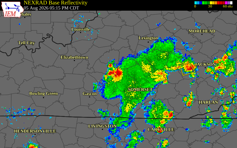 NEXRAD radar during the Wednesday, August 5, 2026 storm activity in Taylor County, Kentucky