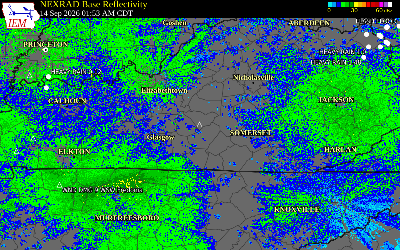 Current NEXRAD radar over Taylor County, Kentucky with recent storm report locations