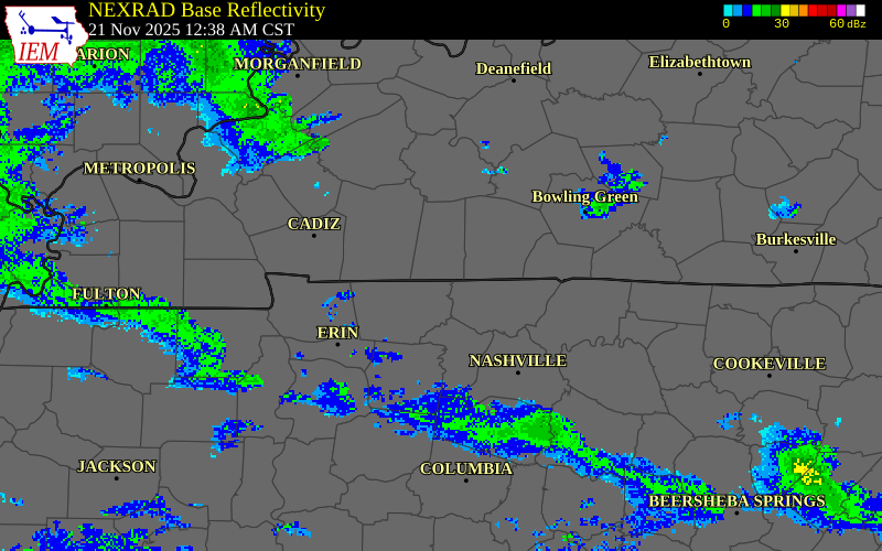 NEXRAD radar during the Friday, November 21, 2025 storm activity in Todd County, Kentucky