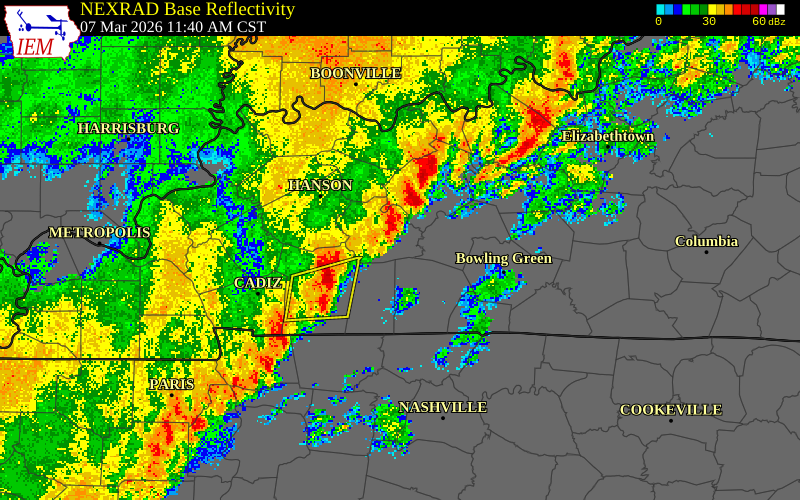 NEXRAD radar during the Saturday, March 7, 2026 storm activity in Todd County, Kentucky