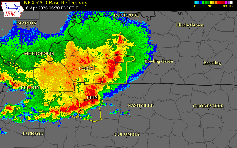 NEXRAD radar during the Thursday, April 16, 2026 storm activity in Todd County, Kentucky
