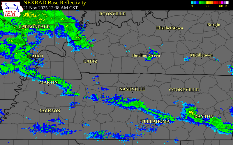 Radar snapshot during the Nov 21, 2025 tornado event near 2 NNW Guthrie, Todd County, Kentucky, with NWS warning polygons
