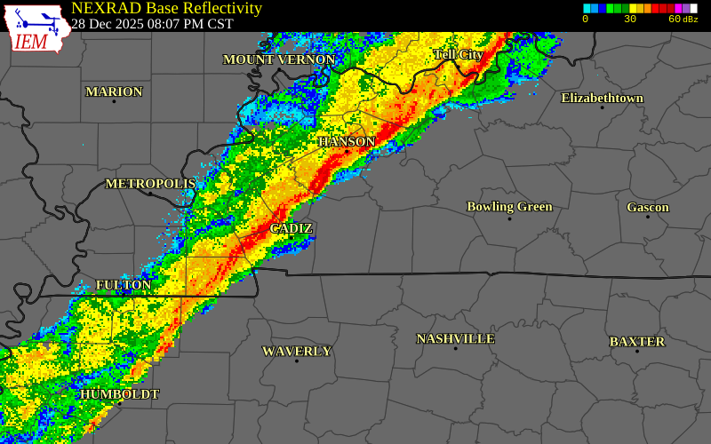 NEXRAD radar during the Sunday, December 28, 2025 storm activity in Trigg County, Kentucky