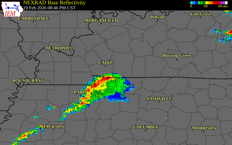 NEXRAD radar during the Thursday, February 19, 2026 storm activity in Trigg County, Kentucky