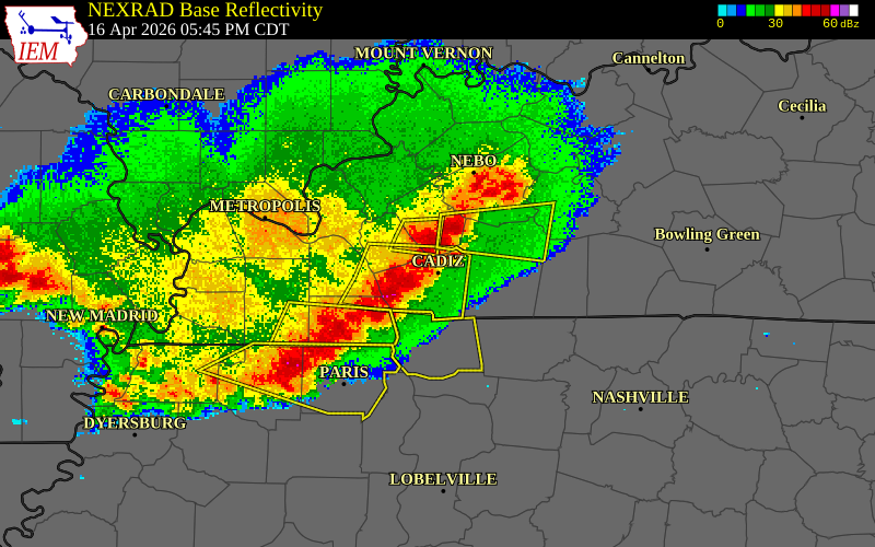 NEXRAD radar during the Thursday, April 16, 2026 storm activity in Trigg County, Kentucky