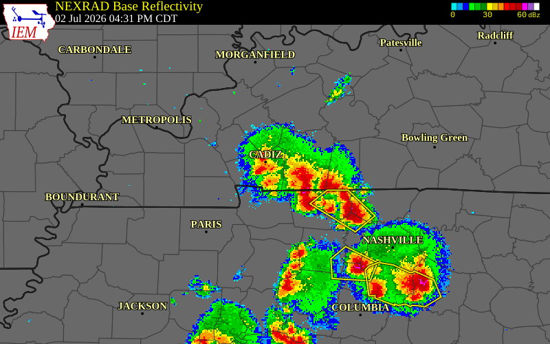 NEXRAD radar during the Thursday, July 2, 2026 storm activity in Trigg County, Kentucky
