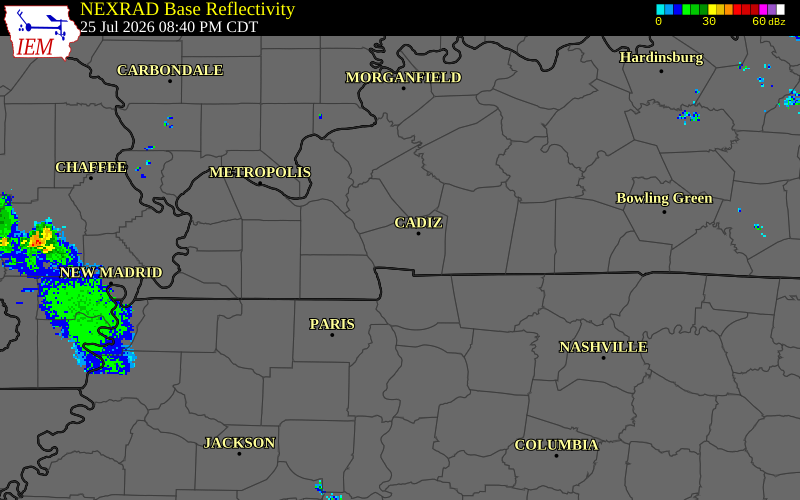 NEXRAD radar during the Saturday, July 25, 2026 storm activity in Trigg County, Kentucky