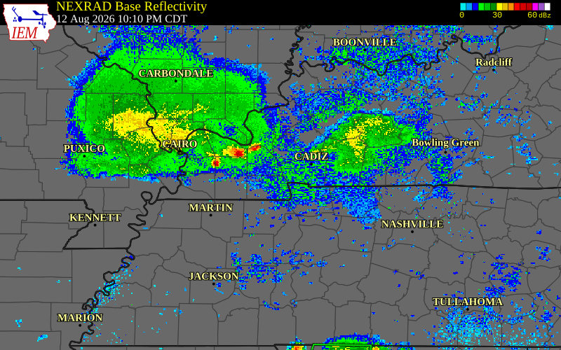 Radar snapshot during the Jul 2, 2026 wind event near Trigg County, Trigg County, Kentucky, with NWS warning polygons