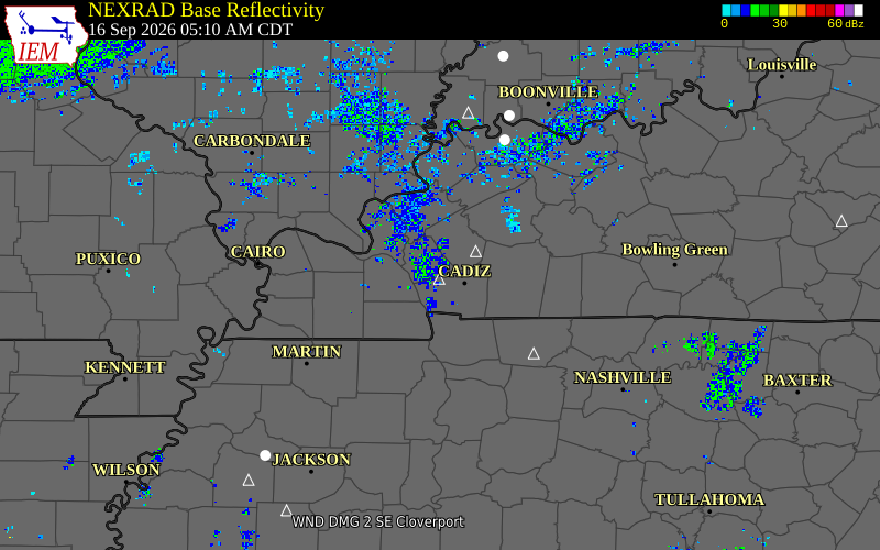 Current NEXRAD radar over Trigg County, Kentucky with recent storm report locations
