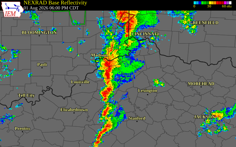 NEXRAD radar during the Saturday, August 1, 2026 storm activity in Trimble County, Kentucky
