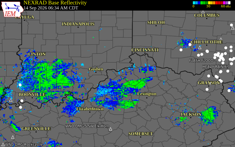 Current NEXRAD radar over Trimble County, Kentucky with recent storm report locations
