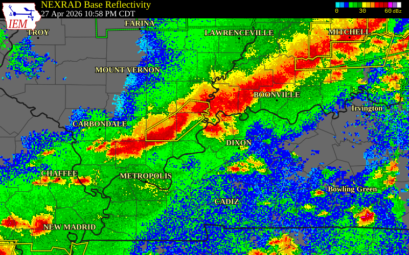 NEXRAD radar during the Monday, April 27, 2026 storm activity in Union County, Kentucky