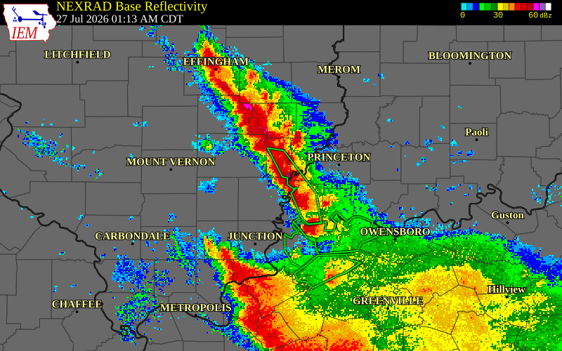 NEXRAD radar during the Monday, July 27, 2026 storm activity in Union County, Kentucky