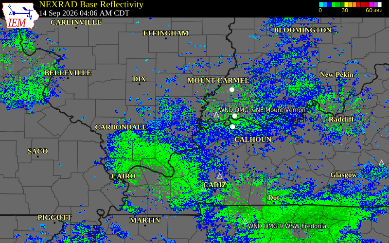 Current NEXRAD radar over Union County, Kentucky with recent storm report locations