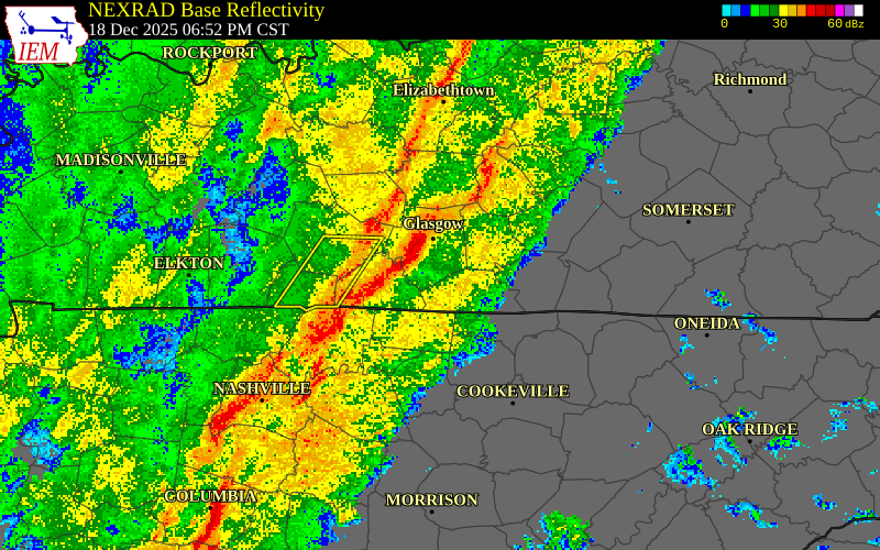 NEXRAD radar during the Thursday, December 18, 2025 storm activity in Warren County, Kentucky