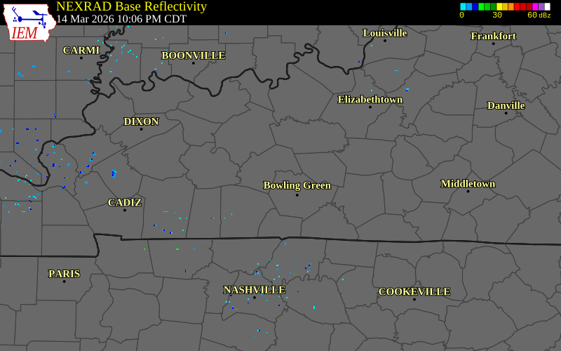 NEXRAD radar during the Saturday, March 14, 2026 storm activity in Warren County, Kentucky