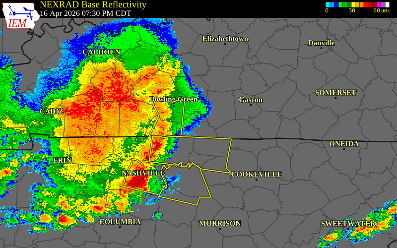 NEXRAD radar during the Thursday, April 16, 2026 storm activity in Warren County, Kentucky