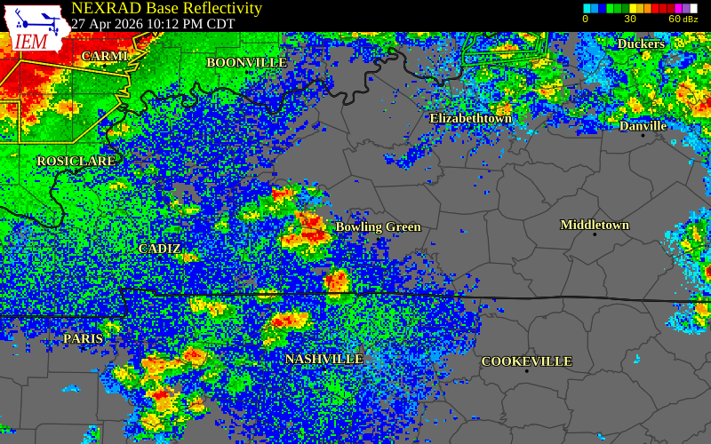 NEXRAD radar during the Monday, April 27, 2026 storm activity in Warren County, Kentucky