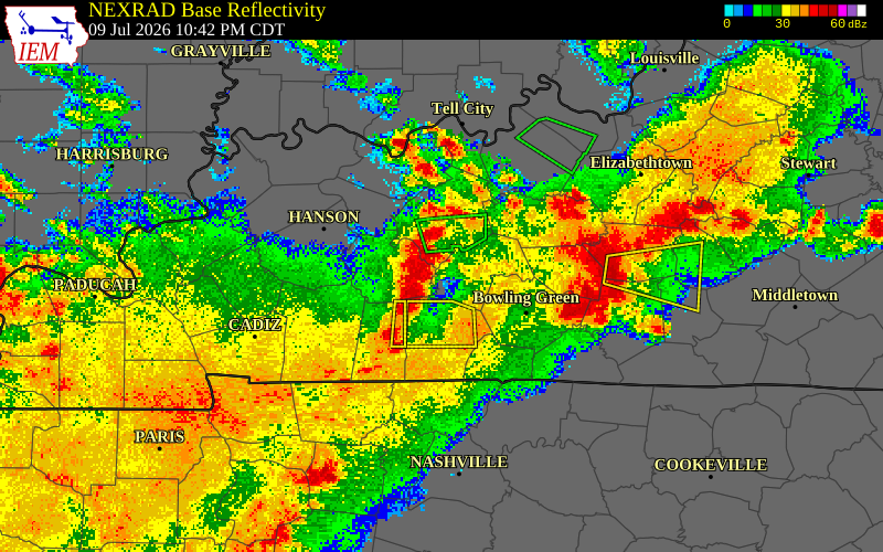 NEXRAD radar during the Thursday, July 9, 2026 storm activity in Warren County, Kentucky