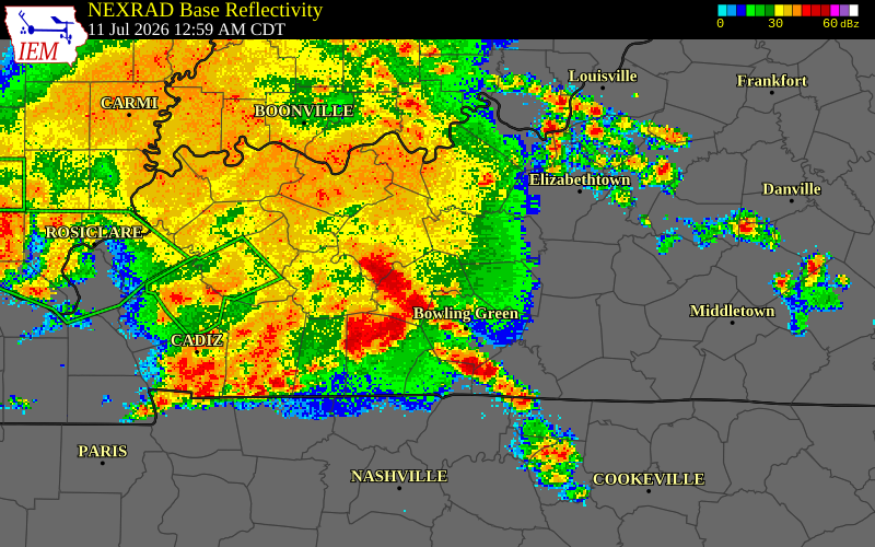 NEXRAD radar during the Saturday, July 11, 2026 storm activity in Warren County, Kentucky