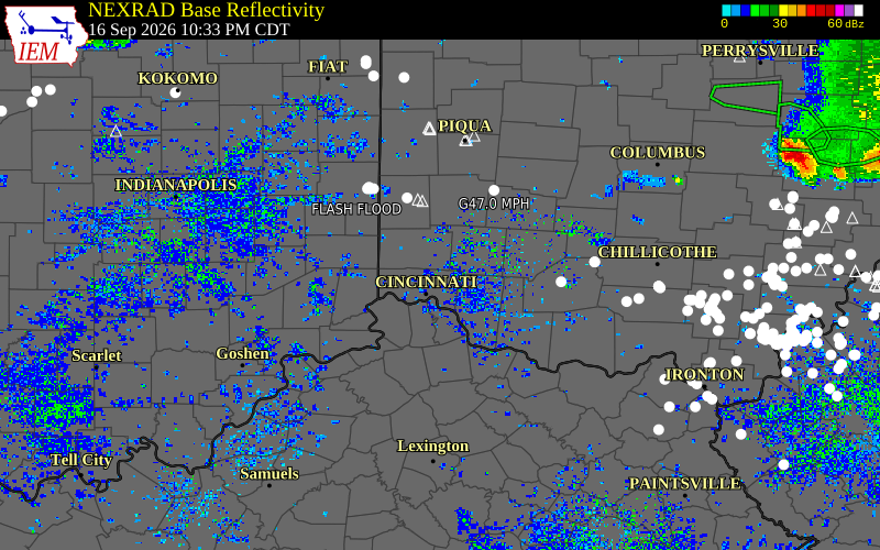 Current NEXRAD radar over Warren County, Kentucky with recent storm report locations