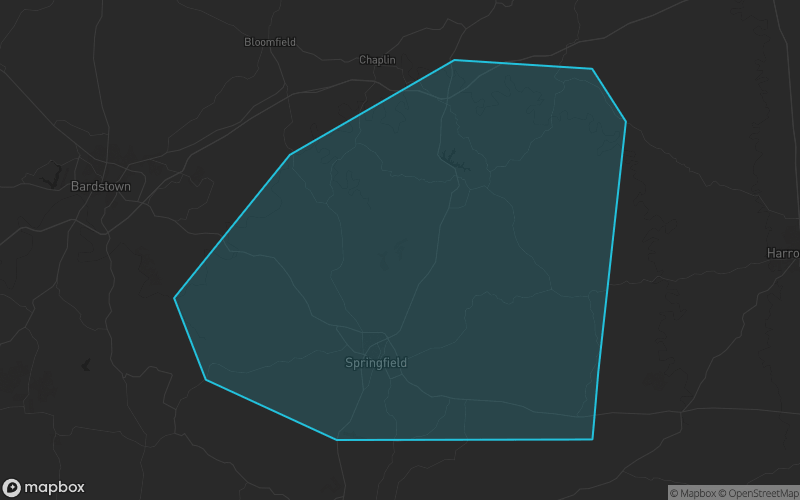 Map of Washington County, Kentucky showing the county boundary and surrounding cities