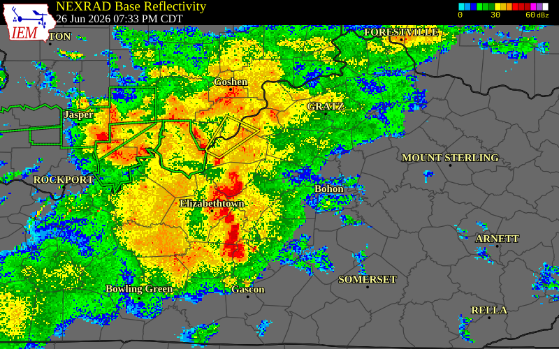 NEXRAD radar during the Friday, June 26, 2026 storm activity in Washington County, Kentucky