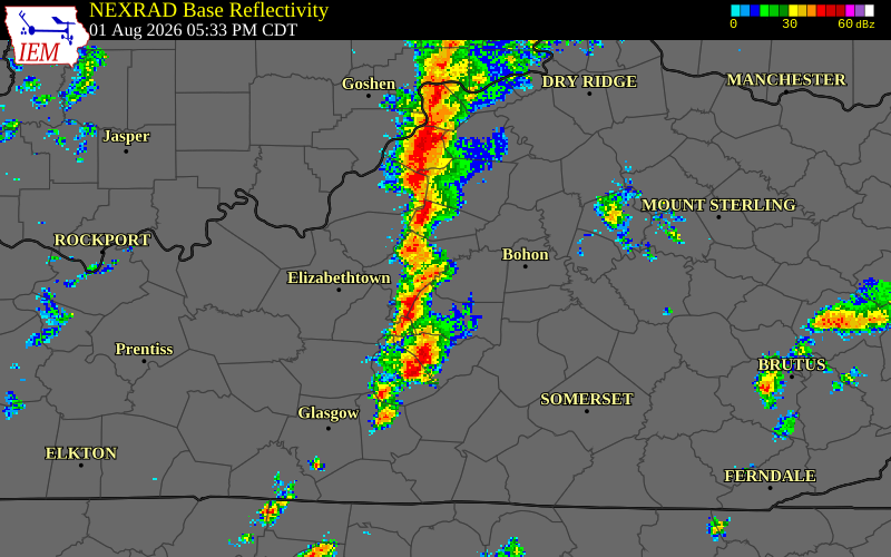 NEXRAD radar during the Saturday, August 1, 2026 storm activity in Washington County, Kentucky