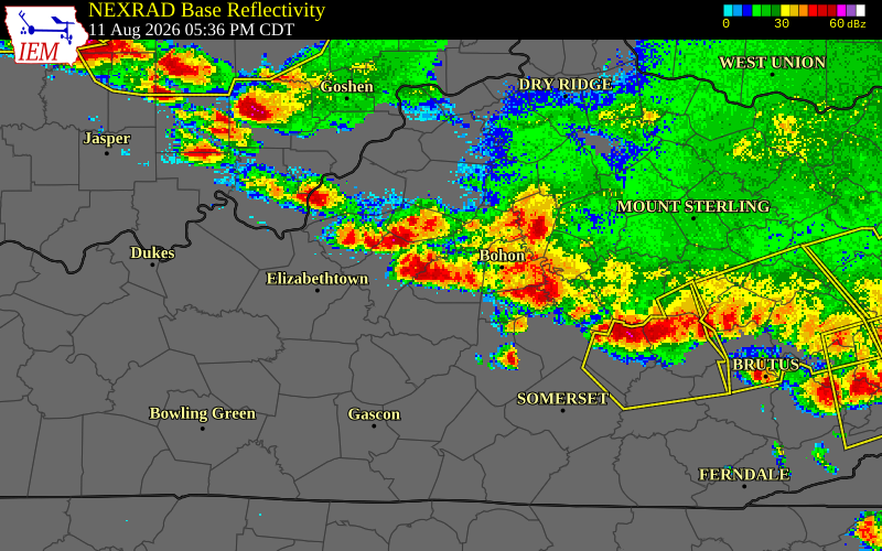 NEXRAD radar during the Tuesday, August 11, 2026 storm activity in Washington County, Kentucky