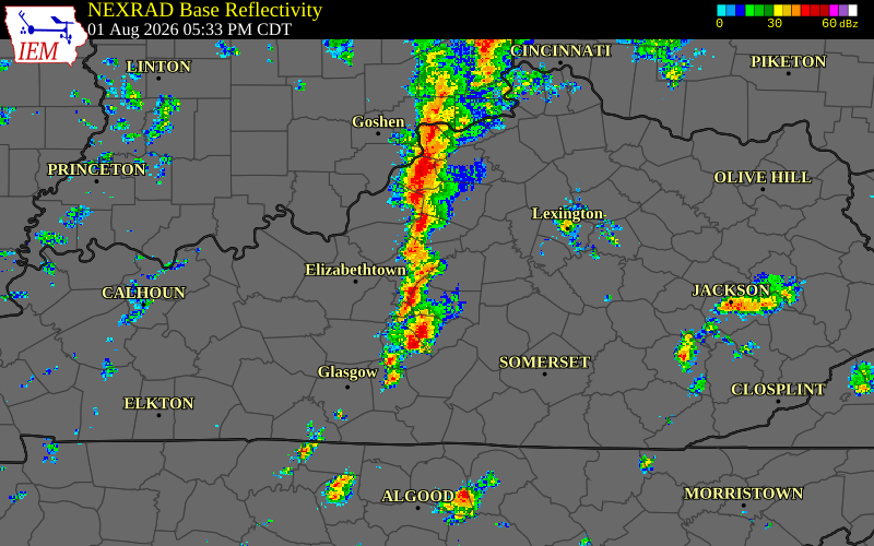 Radar snapshot during the Aug 1, 2026 wind event near Washington County, Washington County, Kentucky, with NWS warning polygons