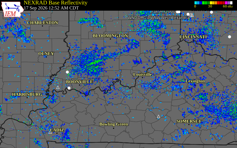 Current NEXRAD radar over Washington County, Kentucky with recent storm report locations