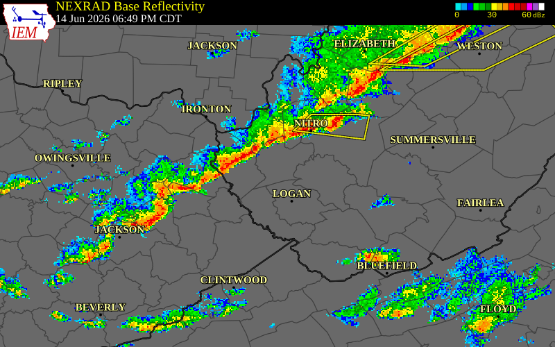 NEXRAD radar during the Sunday, June 14, 2026 storm activity in Wayne County, Kentucky