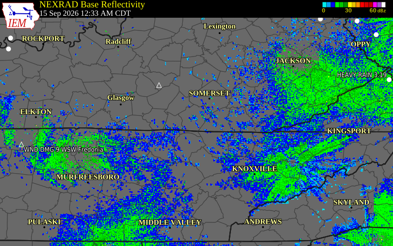Current NEXRAD radar over Wayne County, Kentucky with recent storm report locations