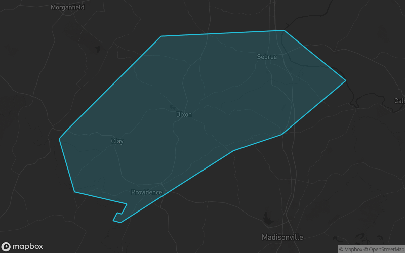 Map of Webster County, Kentucky showing the county boundary and surrounding cities