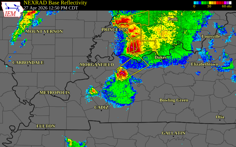 NEXRAD radar during the Monday, April 27, 2026 storm activity in Webster County, Kentucky
