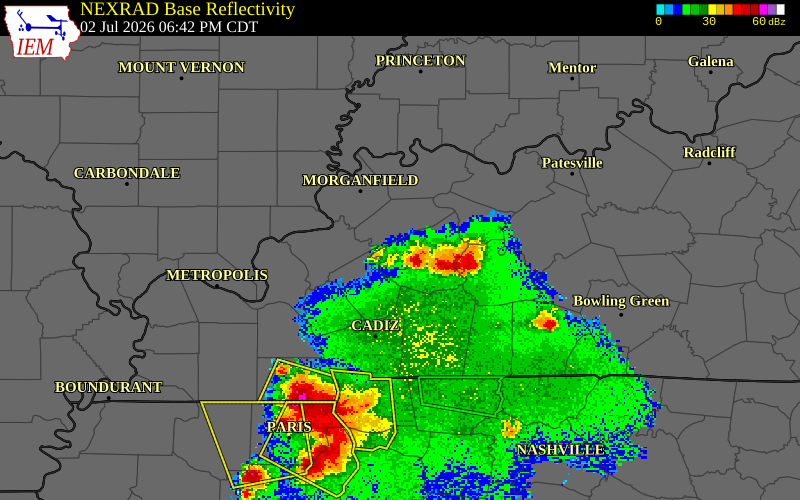NEXRAD radar during the Thursday, July 2, 2026 storm activity in Webster County, Kentucky