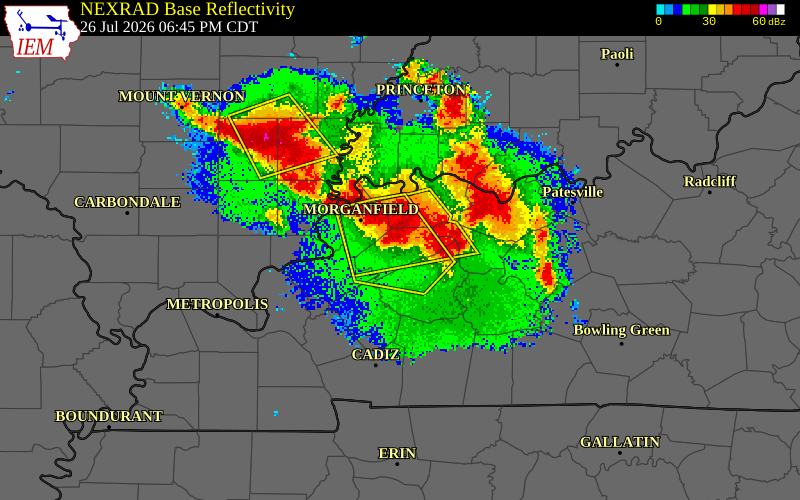 NEXRAD radar during the Sunday, July 26, 2026 storm activity in Webster County, Kentucky