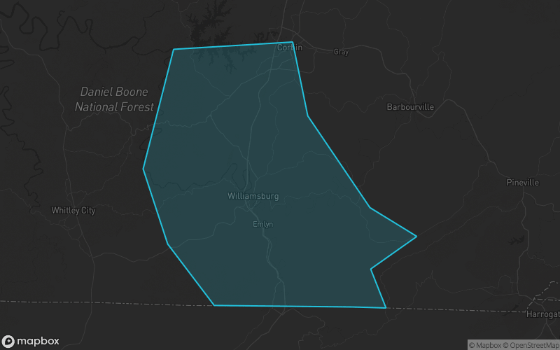 Map of Whitley County, Kentucky showing the county boundary and surrounding cities