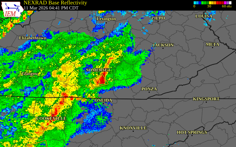 NEXRAD radar during the Wednesday, March 11, 2026 storm activity in Whitley County, Kentucky