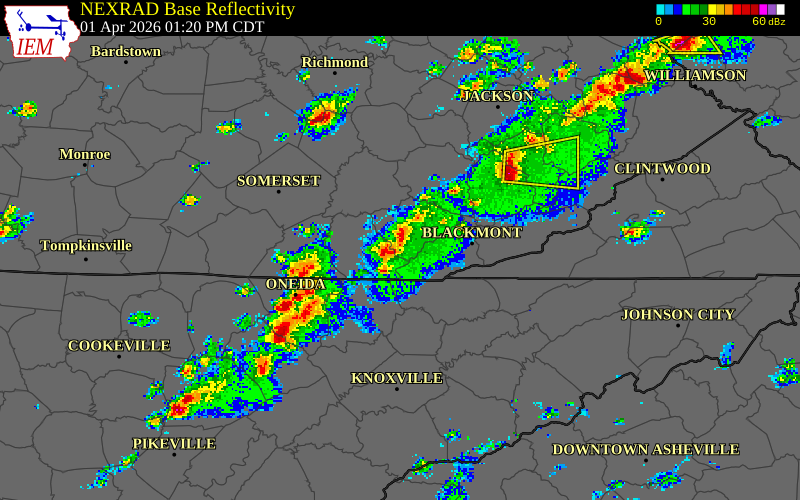 NEXRAD radar during the Wednesday, April 1, 2026 storm activity in Whitley County, Kentucky