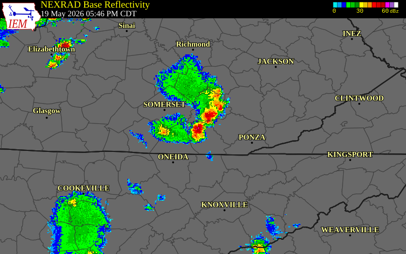 NEXRAD radar during the Tuesday, May 19, 2026 storm activity in Whitley County, Kentucky