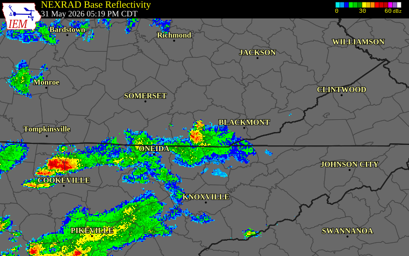NEXRAD radar during the Sunday, May 31, 2026 storm activity in Whitley County, Kentucky